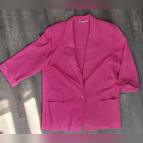 Vintage 80's Oversized Blazer Women's 14 Pink Cropped Sleeve Linen Like w/ Pocke - Picture 5 of 12